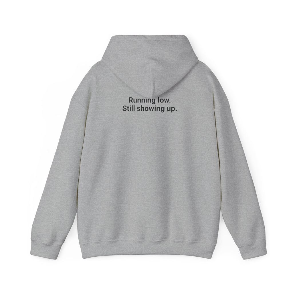 Low Battery Club Hoodie "The Jessica"— 'Running Low. Still Showing Up.' Cozy Graphic Sweatshirt