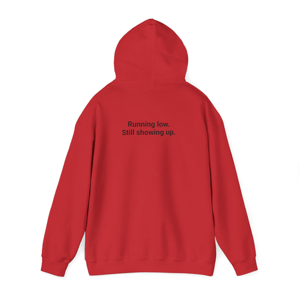 Low Battery Club Hoodie "The Jessica"— 'Running Low. Still Showing Up.' Cozy Graphic Sweatshirt