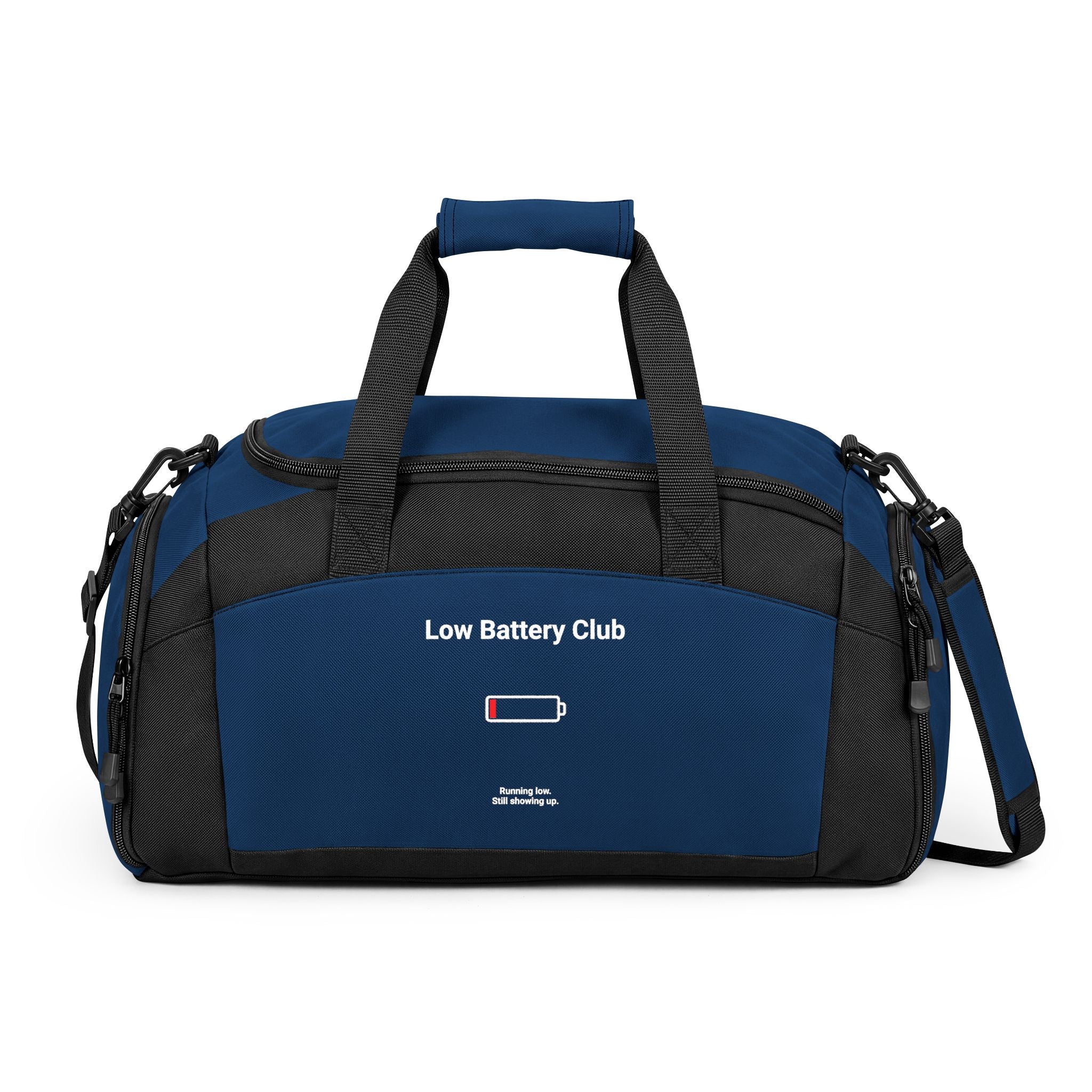 Gym Bag — "Low Battery Club" Duffle for Tired Athletes & Busy Moms