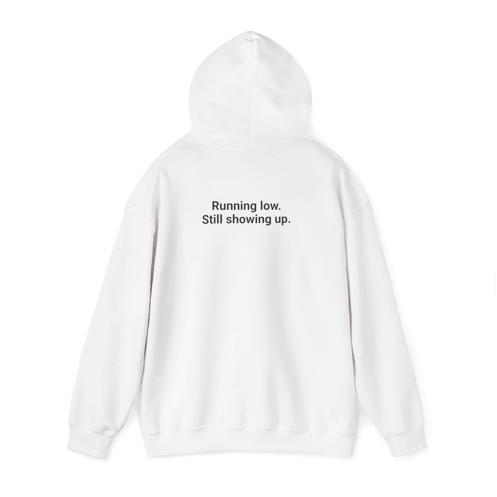 Low Battery Club Hoodie "The Jessica"— 'Running Low. Still Showing Up.' Cozy Graphic Sweatshirt
