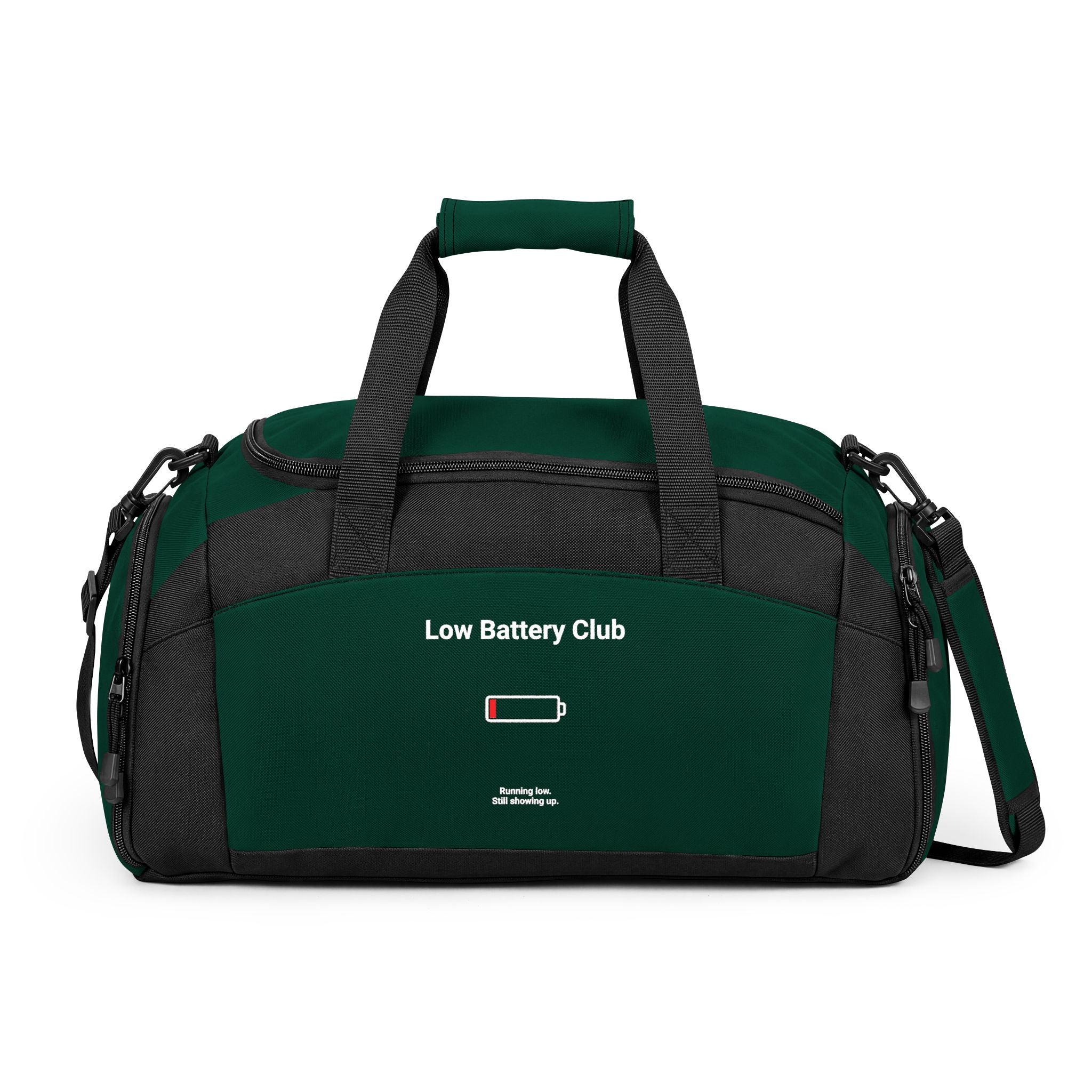 Gym Bag — "Low Battery Club" Duffle for Tired Athletes & Busy Moms