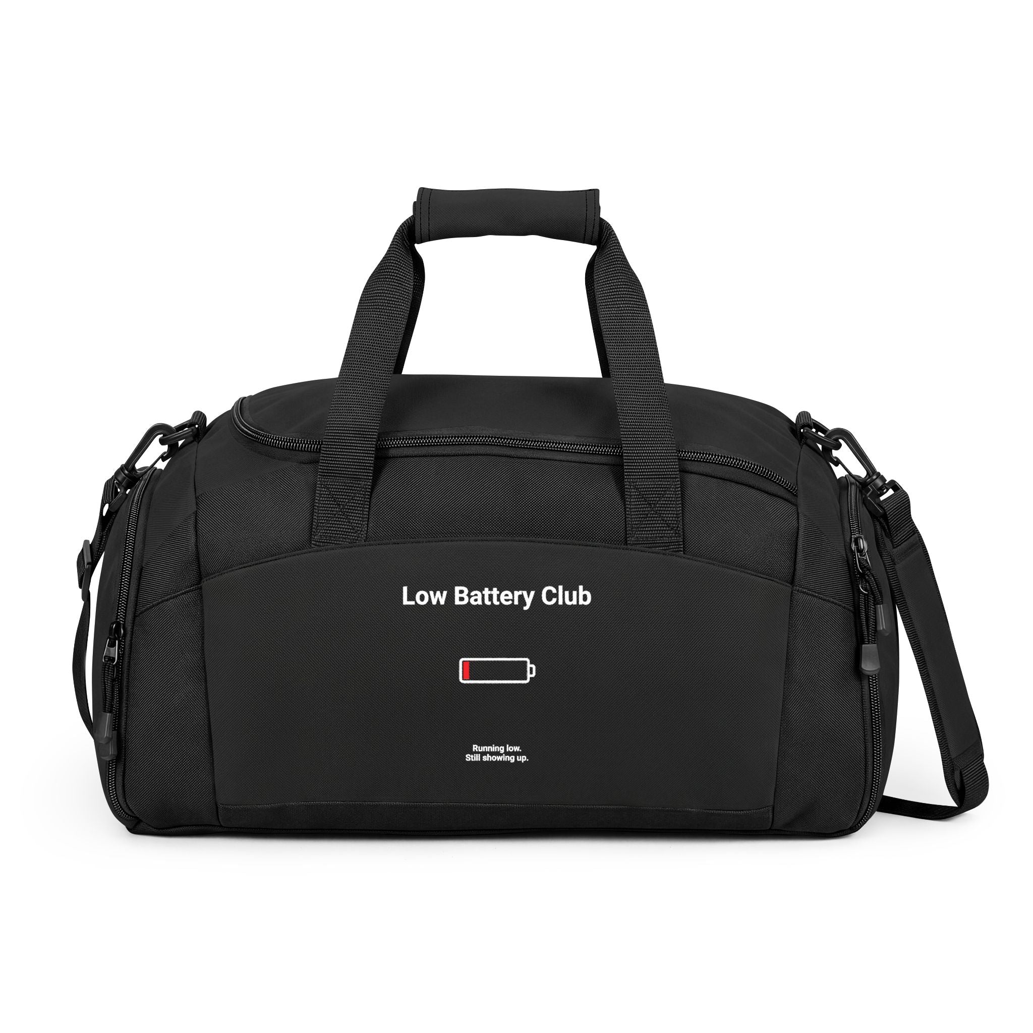 Gym Bag — "Low Battery Club" Duffle for Tired Athletes & Busy Moms