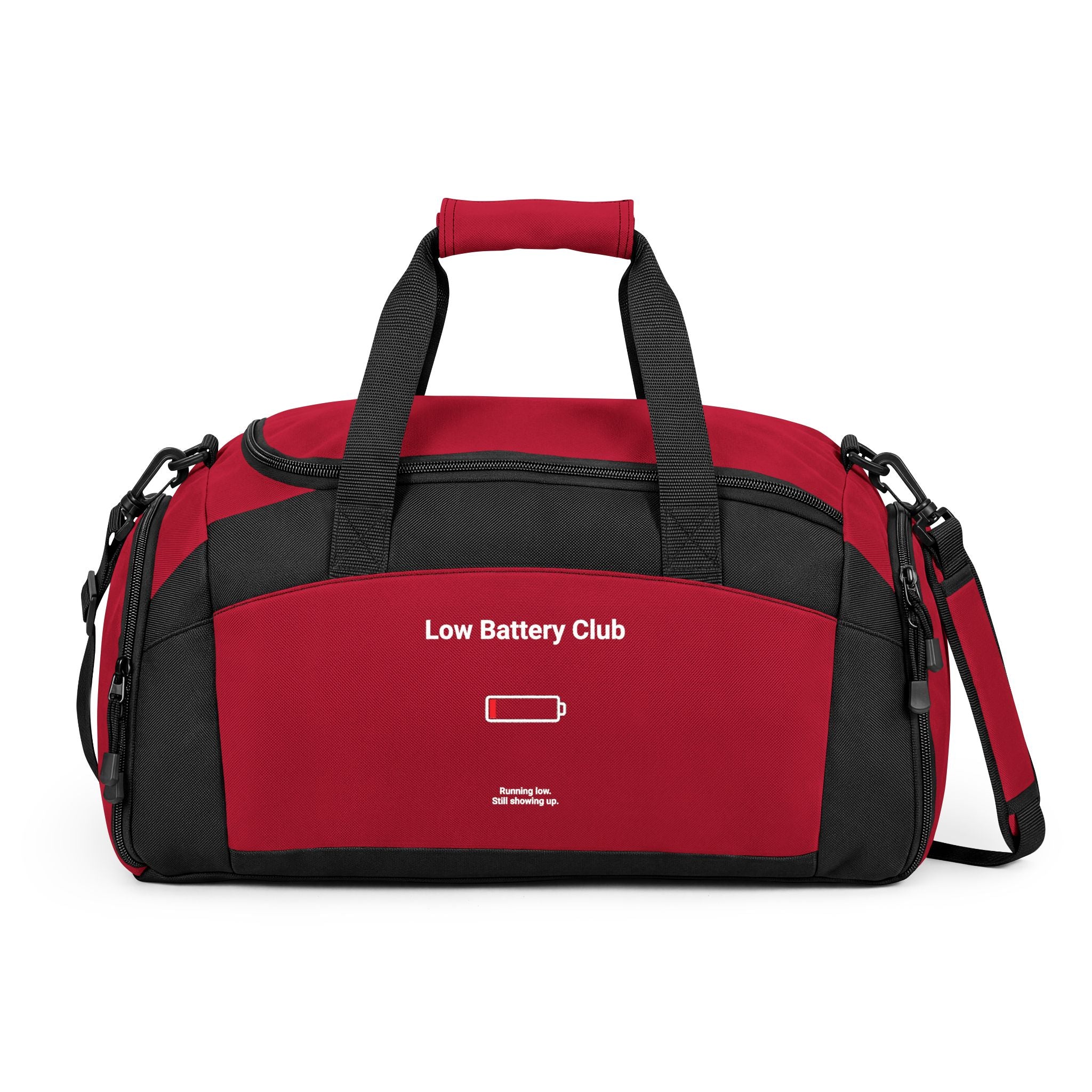 Gym Bag — "Low Battery Club" Duffle for Tired Athletes & Busy Moms